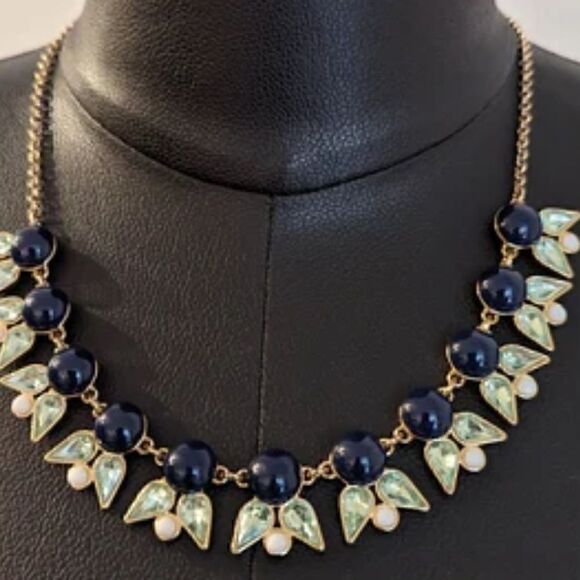 J. Crew Gold-Tone Link Chain Blue Crystal Stone Statement Navy - Picture 4 of 4